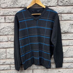 Gray and Blue Lief Horsens V-Neck Sweater